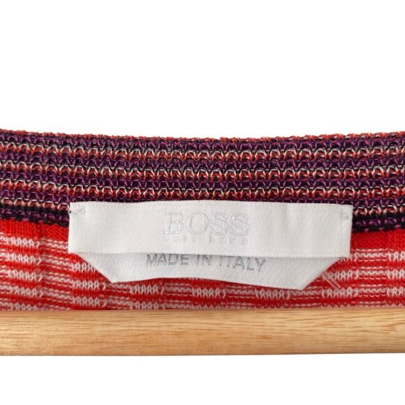 Hugo Boss Ruffled Hem Sleeve Stripe Knit Stretchy Sweater size medium Red Blue - Picture 3 of 9